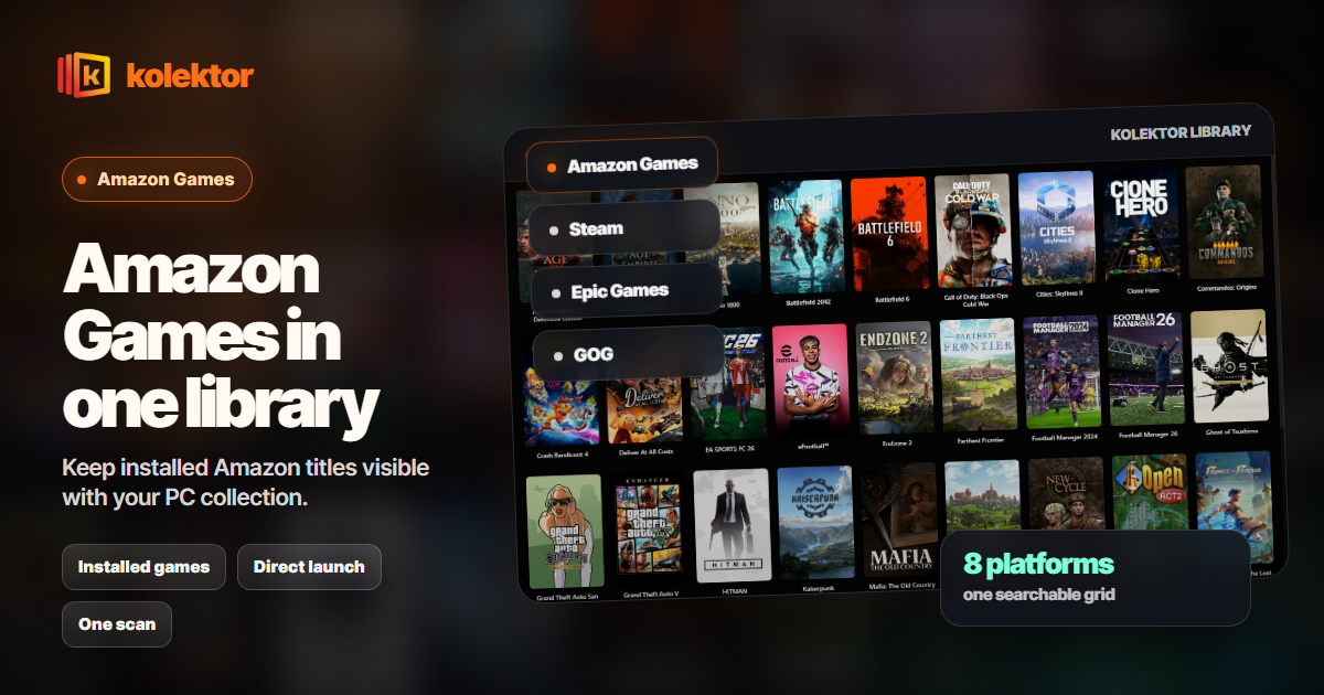 Kolektor guide showing Amazon Games in a unified PC game library