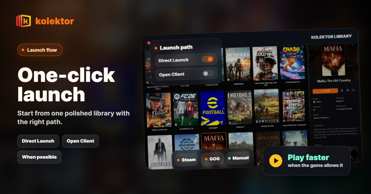 Kolektor guide showing one-click launch and direct launch options in a Windows game library