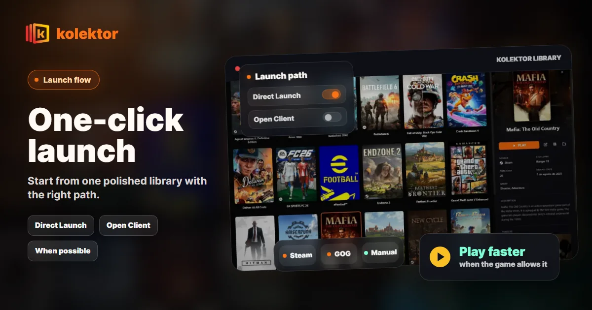 Kolektor guide showing one-click launch and direct launch options in a Windows game library