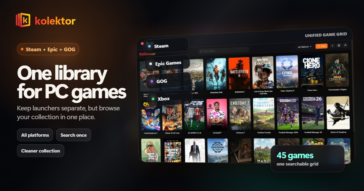 Steam Epic and GOG games organized in one Kolektor library