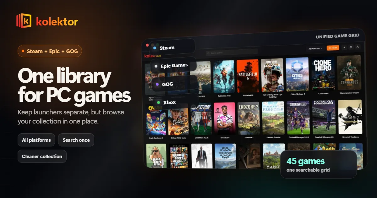 Steam Epic and GOG games organized in one Kolektor library