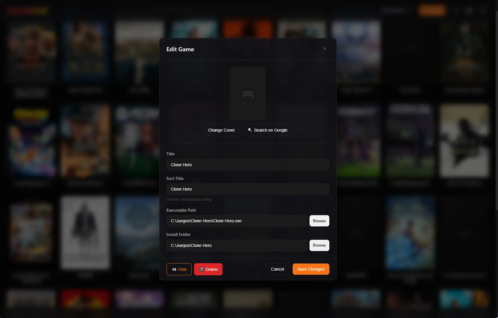 Kolektor Edit Game modal showing cover, title, executable path, install folder, and save controls