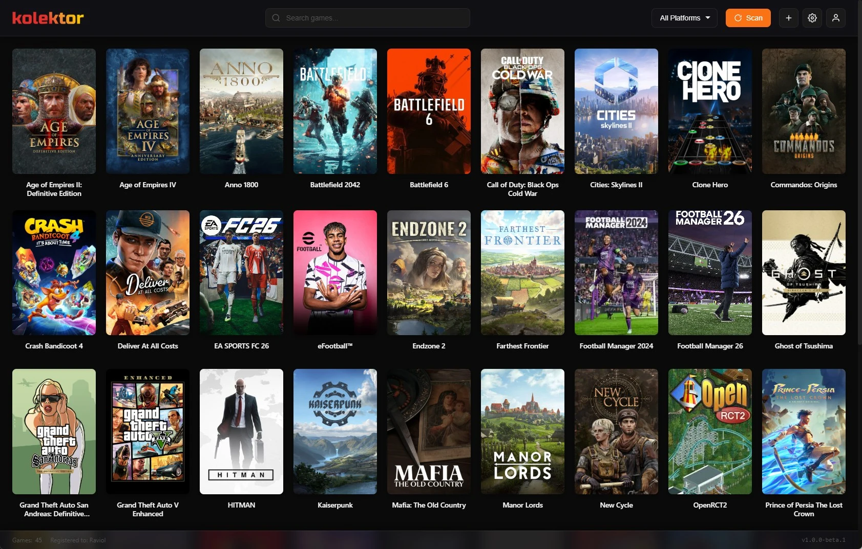 Kolektor library grid showing PC game covers with search, platform filter, and scan controls