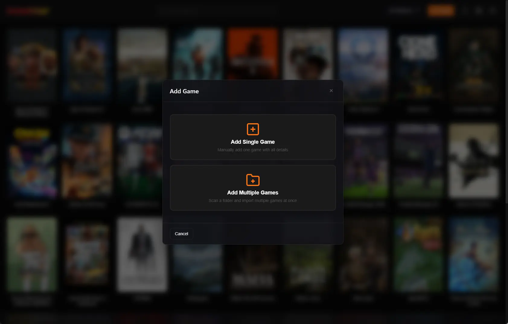 Kolektor Add Game modal showing Add Single Game and Add Multiple Games options