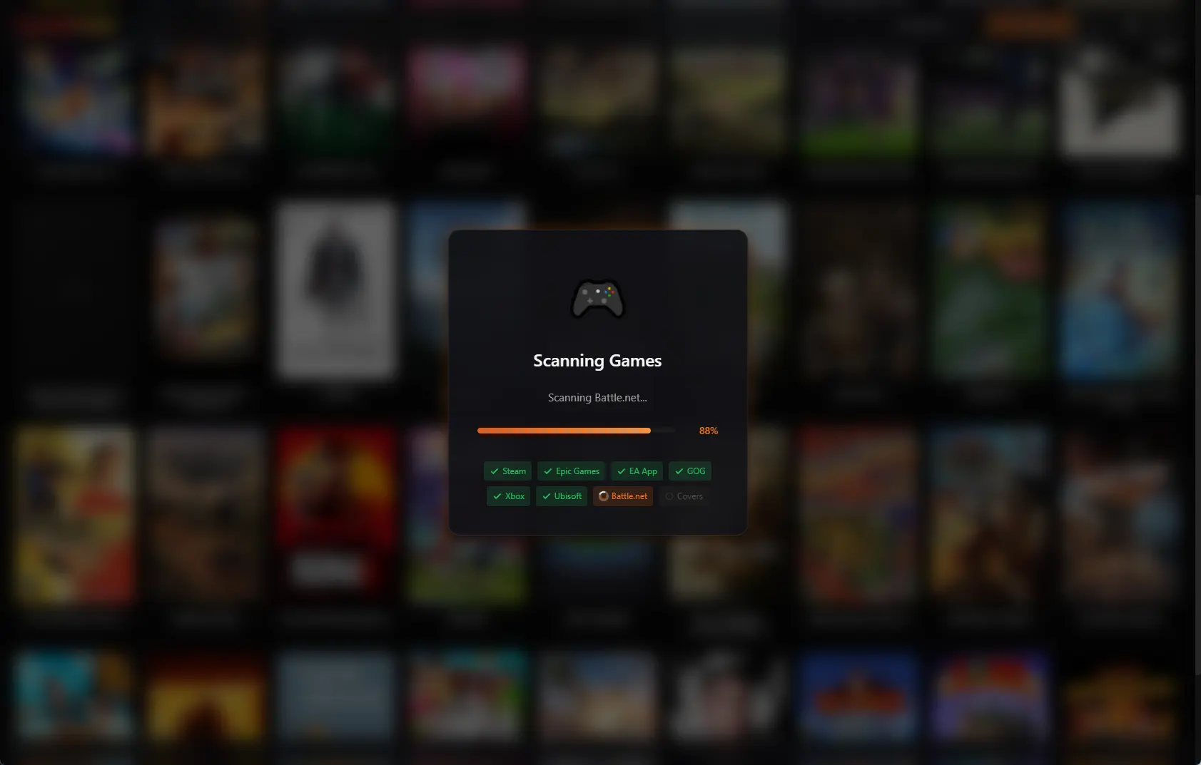 Kolektor scanning overlay shown above a blurred PC game library grid