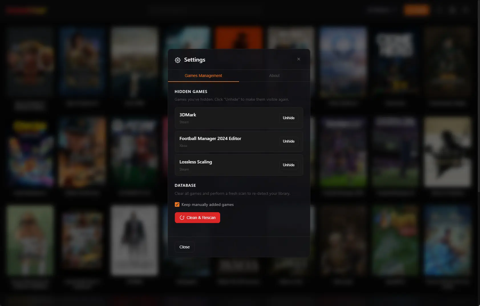 Kolektor Settings screen showing the Hidden Games list with Unhide buttons