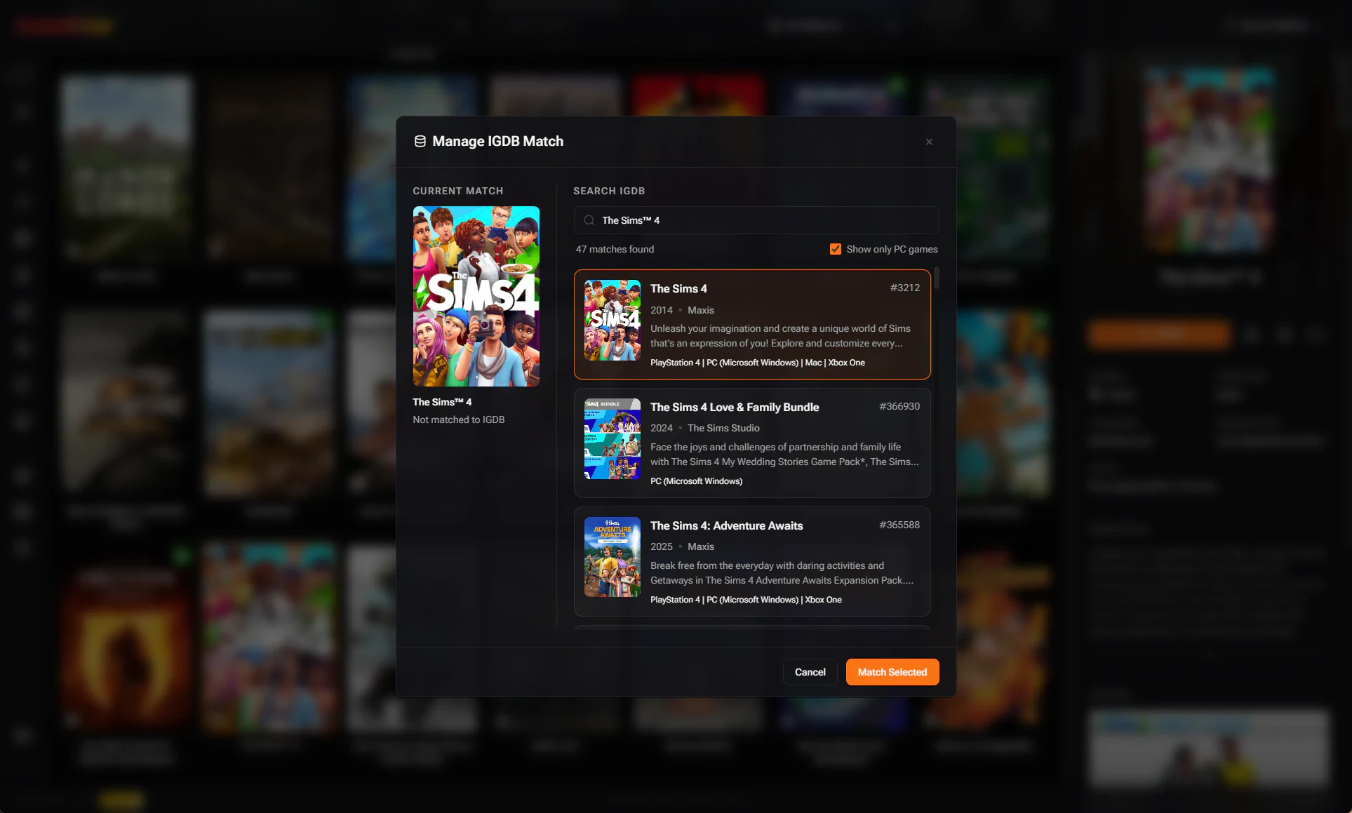 Kolektor Manage IGDB Match window