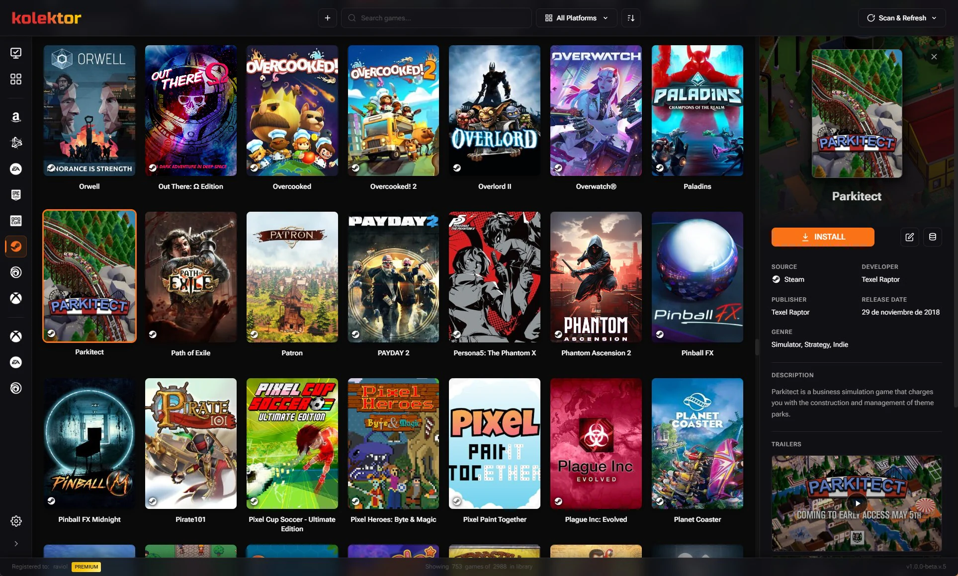 Kolektor Steam Library with compact sidebar